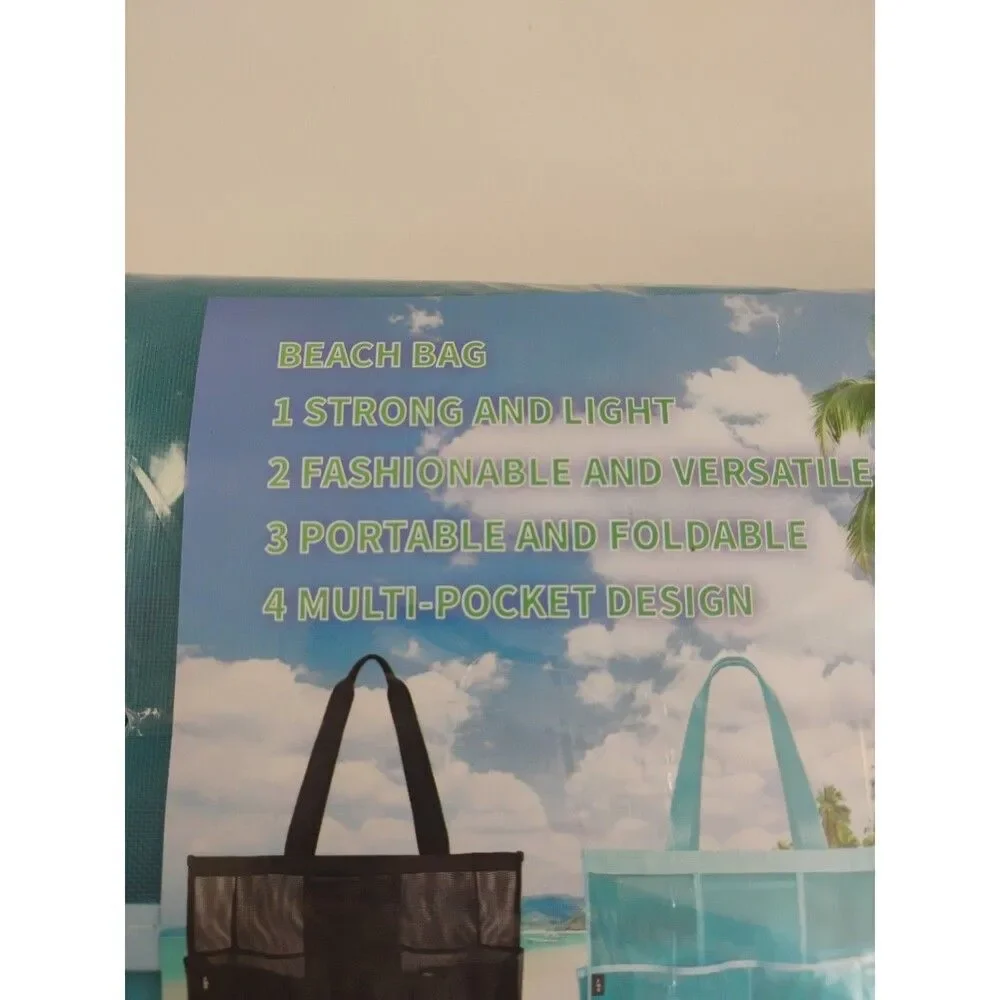 Mesh Beach Bag Large Tote Bag with 6 Pockets XL Storage Bag Lightweight Foldable